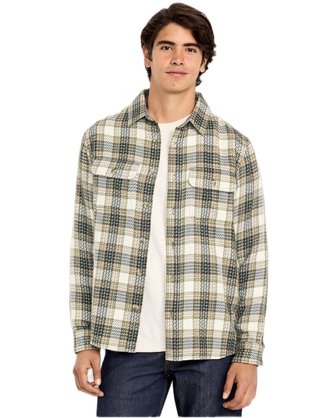 Men's Plaid Button-Up Shacket - Cream & Green